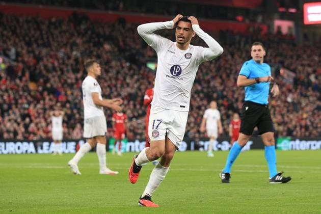 Liverpool v Toulouse 26 October 2023, Liverpool - UEFA Europa League football - Group E - Liverpool v Toulouse. Gabriel Suazo of Toulouse reacts (photo by Daniel Chesterton) Liverpool UK Copyright: xDanielxChestertonxOffside