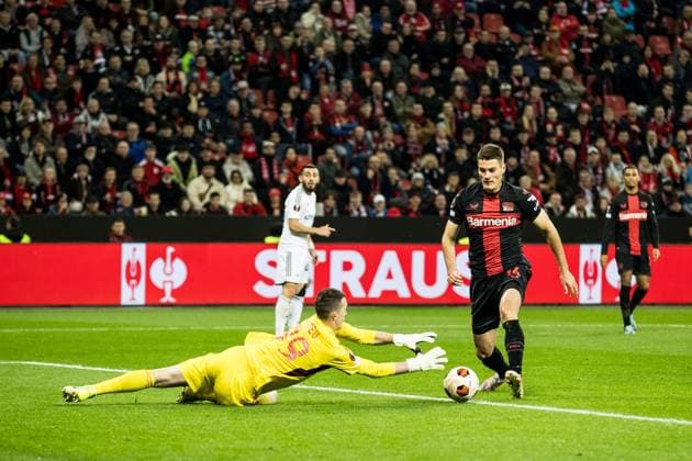 UEFA Europa League, Bayer 04 Leverkusen - Qarabag Agdam; 26.10.2023 Zweikampf Andrey Lunev (Qarabag Agdam, 99), Patrick Schick (Bayer 04 Leverkusen, 14) UEFA Europa League, Bayer 04 Leverkusen - Qarabag Agdam, BayArena Leverkusen am 26.10.2023 Copyright: xBEAUTIFULxSPORTS Wunderlx