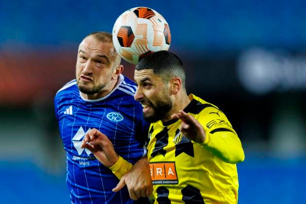 Europa League i fotball 2023: Molde - BK H?cken (5-1) Molde 20231026. Moldes Veton Berisha (tv) og Aiham Ousou under Europa League kampen i fotball mellom Molde og BK H?cken pa Aker Stadion. Foto: Svein Ove Ekornesvag NTB Molde Norge EDITORIAL USE ONLY. RESTRICTED USE FOR BETTING COMPANIES Ref:_SPOxI6ZYXO5Jog.jpg  Copyright: xSveinxOvexEkornesvagx xNTBx