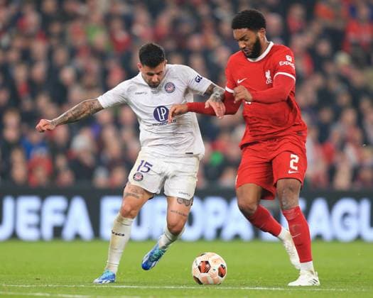 Liverpool v Toulouse 26 October 2023, Liverpool - UEFA Europa League football - Group E - Liverpool v Toulouse. Aron Donnum of Toulouse and Joe Gomez of Liverpool (photo by Daniel Chesterton) Liverpool UK Copyright: xDanielxChestertonxOffside
