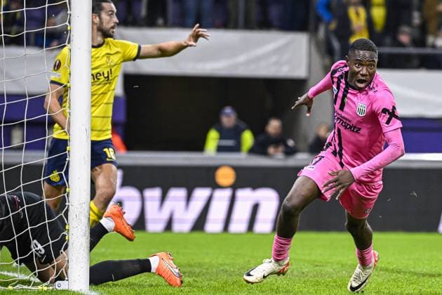 LASK s Moses Usor celebrates after scoring during a soccer match between Belgian Royale Union Saint Gilloise and Austrian Linzer Athletik Klub (LASK), on Thursday 26 October 2023 in Brussels, on day 3 of the group phase of the UEFA Europa League competition, in group E. LAURIExDIEFFEMBACQ  x78599935x
