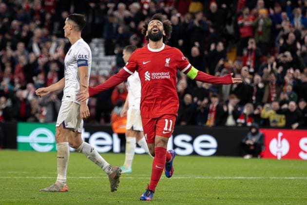 Sport Themen der Woche KW43 Sport Bilder des Tages Liverpool v Toulouse Europa League 26 10 2023. GOAL 5-1 Liverpool forward Mohamed Salah (11) scores and celebrates during the Europa League match between Liverpool and Toulouse at Anfield, Liverpool, England on 26 October 2023. Editorial use only , Copyright: xIanxStephenx PSI-18281-0051