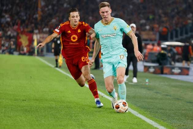 October 26, 2023, Rome, Lazio, Italy: Riccardo Pagano of Roma Lukas Provod of Slavia Praha during the UEFA Europa League League Group G match between AS Roma and Slavia Praha at Stadio Olimpico, in Rome, Italy on October 26, 2023 Rome Italy - ZUMAl131 20231026_zsp_l131_022 Copyright: xCiroxDexLucax