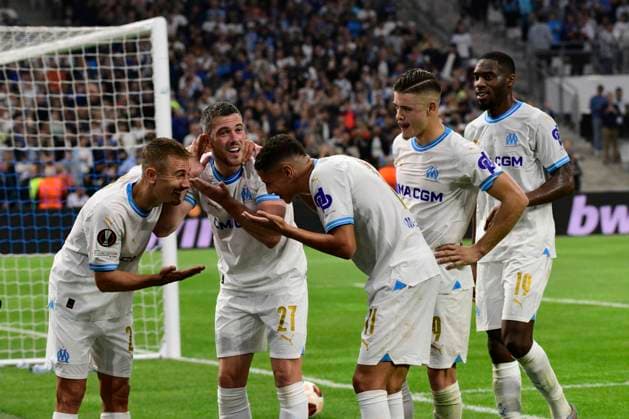 MARSEILLE, FRANCE : Celebration OM 3-1 Olympique de Marseille vs. AEK Athens FC lors de la phase de groupes de l™UEFA Europa League au stade Orange Velodrome, le 26 octobre 2023. MARSEILLE, FRANCE : OM vs. AEK Athens FC during the group phase of the UEFA Europa League in the Orange Velodrome Stadium on October 26th, 2023. FOOTBALL : Olympique de Marseille vs. AEK Athens FC - Europa League ValentinaClaret Panoramic 