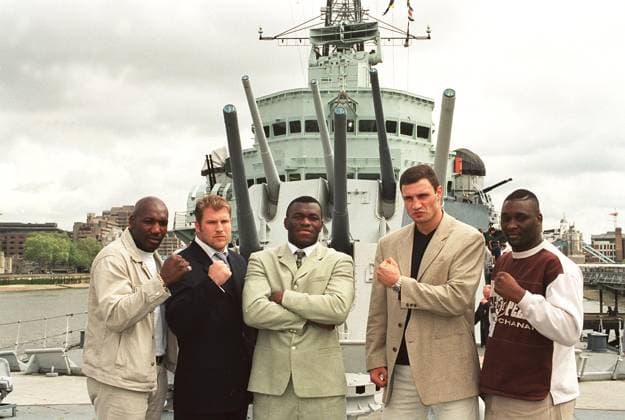 Left to Right: JULIUS FRANCIS; SCOTT WELCH; HERBIE HIDE; VITALI KLITSCHKO, and DANNY WILLIAMS, Heavyweight Boxers. At a press conference, PK, Pressekonferenz to announce a four-fight sponsorship deal between Frank Maloney and Panix Promotions and Energising Red Square - a ne Left to Right: JULIUS FRANCIS; SCOTT WELCH; HERBIE HIDE; VITALI KLITSCHKO, and DANNY WILLIAMS, Heavyweight Boxers. At a press conference to announce a four-fight sponsorship deal between Frank Maloney and Panix Promotions and Energising Red Square - a new, vodka-based energy drink. COMPULSORY CREDIT: Talking Photoshot Photo URM 016113 B-11 06.05.1999, Credit:Photoshot Avalon United Kingdom  Copyright: xPhotoshotx xAvalonx 0504270713