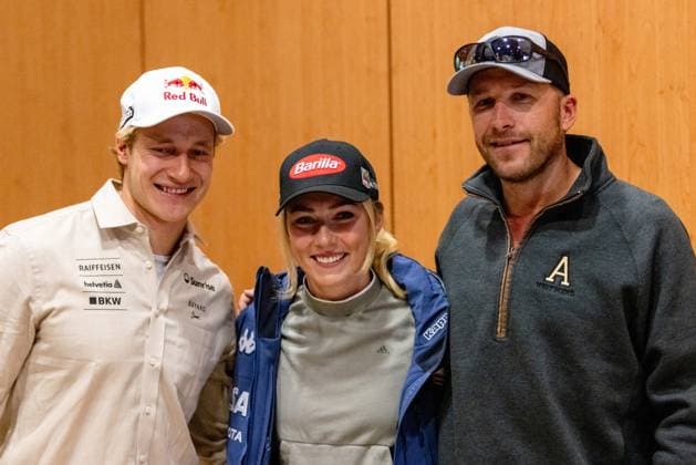 ALPINE SKIING - FIS WC Soelden SOELDEN,AUSTRIA,27.OCT.23 - ALPINE SKIING - FIS World Cup season opening, Rettenbachferner, preview, side event, FIS Alpine Forum. Image shows Marco Odermatt (SUI), Mikaela Shiffrin (USA) and Bode Miller (USA).  GEPAxpictures xMaticxKlansek