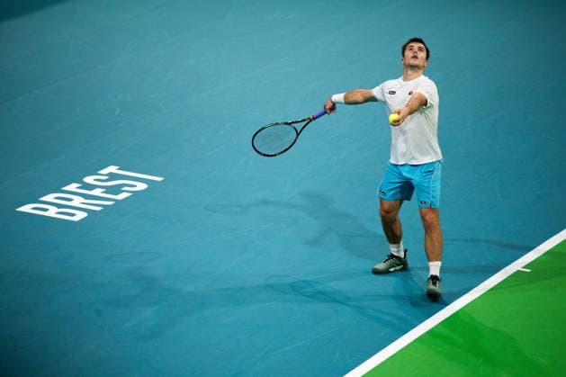 Open de Brest J3 PHOTOPQR OUEST FRANCE Guillaume Saligot ; Brest ; 27 10 2023 ; Tennis , Open de Brest , Brest Arena . Quart de finale du tournoi , Arthur Fery contre Benjamin Bonzi (3-6, 4-6). Ici le britannique Arthur Fery . Photo : Guillaume Saligot Ouest-France Brest France  Copyright: xPHOTOPQR OUESTxFRANCE MAXPPPxGuillaumexSaligotx 20231027OFR9531 20231027OFR9531