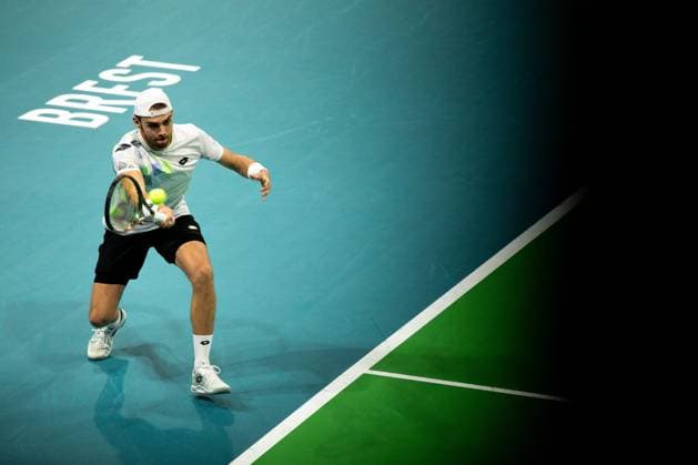 Open de Brest J3 PHOTOPQR OUEST FRANCE Guillaume Saligot ; Brest ; 27 10 2023 ; Tennis , Open de Brest , Brest Arena . Quart de finale du tournoi , Arthur Fery contre Benjamin Bonzi (3-6, 4-6). Ici le français Benjamin Bonzi . Photo : Guillaume Saligot Ouest-France Brest France  Copyright: xPHOTOPQR OUESTxFRANCE MAXPPPxGuillaumexSaligotx 20231027OFR9532 20231027OFR9532