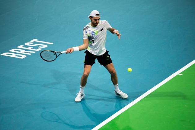 Open de Brest J3 PHOTOPQR OUEST FRANCE Guillaume Saligot ; Brest ; 27 10 2023 ; Tennis , Open de Brest , Brest Arena . Quart de finale du tournoi , Arthur Fery contre Benjamin Bonzi (3-6, 4-6). Ici le français Benjamin Bonzi . Photo : Guillaume Saligot Ouest-France Brest France  Copyright: xPHOTOPQR OUESTxFRANCE MAXPPPxGuillaumexSaligotx 20231027OFR9535 20231027OFR9535