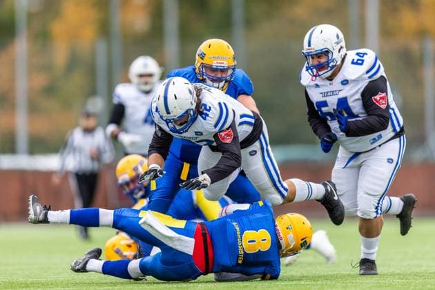 231028 Davide Vuolo of Italy and Viktor Wessberg of Sweden during the IFAF European Championship, EM, Europameisterschaft Bronze Medal Game between Sweden and Italy on October 28, 2023 in Gothenburg. Photo: Michael Erichsen BILDBYRAN COP 89 MI0562 american football sweden - italy ifaf european championship bronze medal game bbeng sweden sverige italy italia italien Copyright: MICHAELxERICHSEN BB231028MI002
