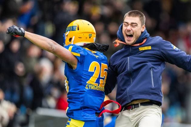 231028 Oliver Lundberg of Sweden celebrates during the IFAF European Championship, EM, Europameisterschaft Bronze Medal Game between Sweden and Italy on October 28, 2023 in Gothenburg. Photo: Michael Erichsen BILDBYRAN COP 89 MI0562 american football sweden - italy ifaf european championship bronze medal game bbeng sweden sverige italy italia italien jubel Copyright: MICHAELxERICHSEN BB231028MI006