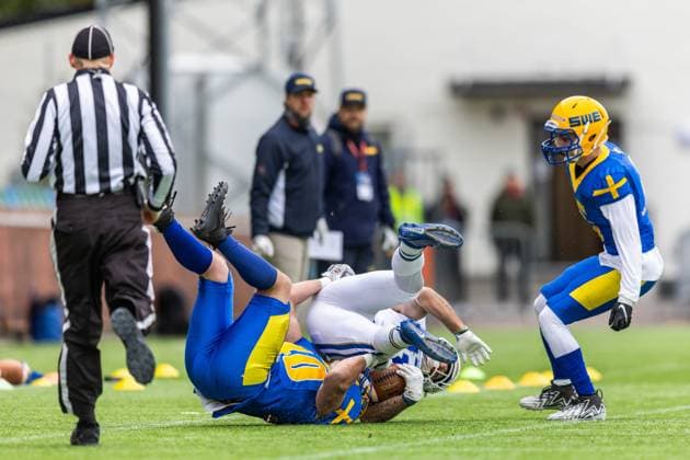 231028 Alex Gudding of Sweden and Michael Gentiliof Italy during the IFAF European Championship, EM, Europameisterschaft Bronze Medal Game between Sweden and Italy on October 28, 2023 in Gothenburg. Photo: Michael Erichsen BILDBYRAN COP 89 MI0562 american football sweden - italy ifaf european championship bronze medal game bbeng sweden sverige italy italia italien Copyright: MICHAELxERICHSEN BB231028MI007