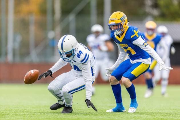 231028 Luca Aldrighetti of Italy and Noah Allsten of Sweden during the IFAF European Championship, EM, Europameisterschaft Bronze Medal Game between Sweden and Italy on October 28, 2023 in Gothenburg. Photo: Michael Erichsen BILDBYRAN COP 89 MI0562 american football sweden - italy ifaf european championship bronze medal game bbeng sweden sverige italy italia italien Copyright: MICHAELxERICHSEN BB231028MI008