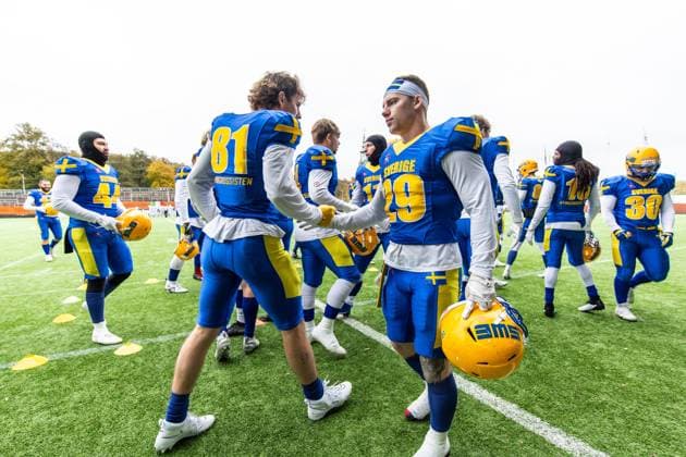 231028 Sebastian Johansson and Carl Henriksson of Sweden ahead of the IFAF European Championship, EM, Europameisterschaft Bronze Medal Game between Sweden and Italy on October 28, 2023 in Gothenburg. Photo: Michael Erichsen BILDBYRAN COP 89 MI0562 american football sweden - italy ifaf european championship bronze medal game bbeng sweden sverige italy italia italien Copyright: MICHAELxERICHSEN BB231028MI010