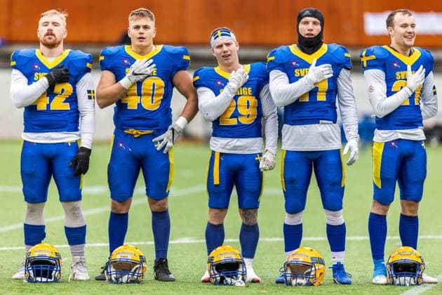 231028 Mattias Eriksson, Alex Gudding, Carl Henriksson, Ludvig MyrÃ n and Noah Allsten of Sweden ahead of the IFAF European Championship, EM, Europameisterschaft Bronze Medal Game between Sweden and Italy on October 28, 2023 in Gothenburg. Photo: Michael Erichsen BILDBYRAN COP 89 MI0562 american football sweden - italy ifaf european championship bronze medal game bbeng sweden sverige italy italia italien Copyright: MICHAELxERICHSEN BB231028MI015