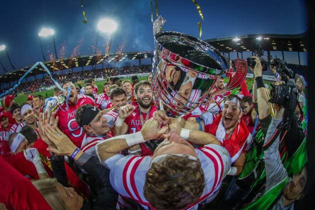 Sport Themen der Woche KW43 Sport Bilder des Tages AMERICAN FOOTBALL - IFAF EC, AUT vs FIN SANKT POELTEN,AUSTRIA,28.OCT.23 - AMERICAN FOOTBALL - IFAF European Championship, EM, Europameisterschaft final, Austria vs Finland. Image shows the rejoicing of team Austria.  GEPAxpictures xDavidxBitzan