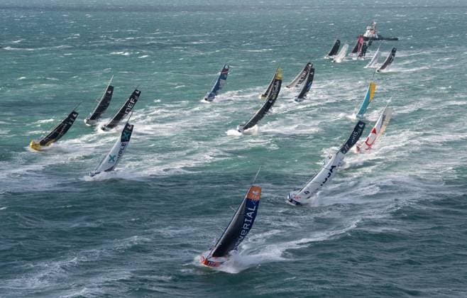 Bilder des Jahres 2023, Sport 10 Oktober Sport Themen der Woche KW43 TRANSAT JACQUES VABRE 2023 PHOTOPQR OUEST FRANCE DAVID ADEMAS OUEST-FRANCE ; LE HAVRE ; 29 10 2023 ; Départ de la 16 ème édition de la Transat Jacques Vabre Normandie Le Havre ce dimanche 29 octobre 2023 . Ici sur la photo , le éépart des bateaux de la flotte de s class 40 . PHOTO : DAVID ADEMAS OUEST-FRANCE Ths start of the Imoca 40 ships in the Transat Jacques-Vabre was delayed due to heavy weather, but the departure of the 55 boats of other classes Ultim, Ocean Fifty and Class40 has been maintained. LE HAVRE France  Copyright: xPHOTOPQR OUESTxFRANCE MAXPPPxDAVIDxADEMASx xOUEST-FRANCEx 20231029OFR5109 20231029OFR5109