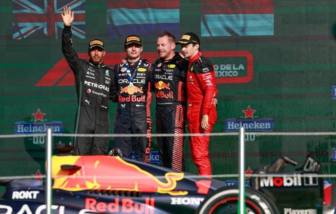 44 Lewis Hamilton (GBR, Mercedes-AMG Petronas F1 Team), 1 Max Verstappen (NLD, Oracle Red Bull Racing), Richard Wolverson (GBR, Oracle Red Bull Racing), 16 Charles Leclerc (MCO, Scuderia Ferrari), F1 Grand Prix of Mexico at Autodromo Hermanos Rodriguez on October 29, 2023 in Mexico City, Mexico. (Photo by HOCH ZWEI) Mexico City Mexico