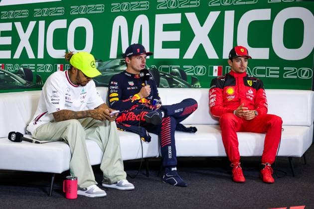 44 Lewis Hamilton (GBR, Mercedes-AMG Petronas F1 Team), 1 Max Verstappen (NLD, Oracle Red Bull Racing), 16 Charles Leclerc (MCO, Scuderia Ferrari), F1 Grand Prix of Mexico at Autodromo Hermanos Rodriguez on October 29, 2023 in Mexico City, Mexico. (Photo by HOCH ZWEI) Mexico City Mexico