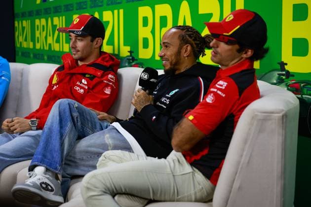 16 Charles Leclerc (MCO, Scuderia Ferrari), 44 Lewis Hamilton (GBR, Mercedes-AMG Petronas F1 Team), 55 Carlos Sainz (ESP, Scuderia Ferrari), F1 Grand Prix of Brazil at Autodromo Jose Carlos Pace on November 2, 2023 in Sao Paulo, Brazil. (Photo by HOCH ZWEI) Sao Paulo Brazil