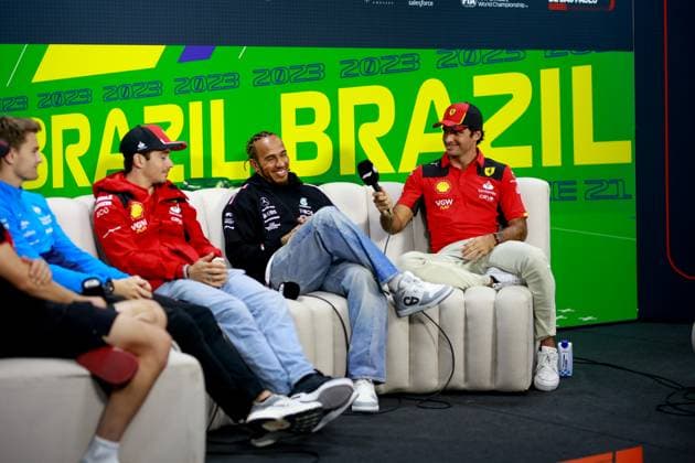 16 Charles Leclerc (MCO, Scuderia Ferrari), 44 Lewis Hamilton (GBR, Mercedes-AMG Petronas F1 Team), 55 Carlos Sainz (ESP, Scuderia Ferrari), F1 Grand Prix of Brazil at Autodromo Jose Carlos Pace on November 2, 2023 in Sao Paulo, Brazil. (Photo by HOCH ZWEI) Sao Paulo Brazil