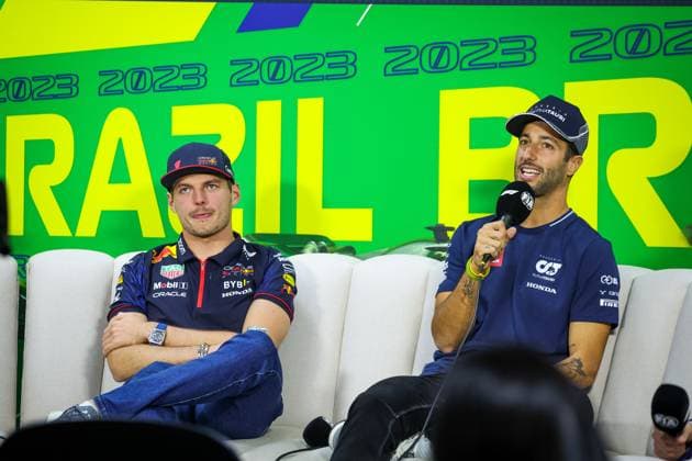 1 Max Verstappen (NLD, Oracle Red Bull Racing), 3 Daniel Ricciardo (AUS, Scuderia AlphaTauri), F1 Grand Prix of Brazil at Autodromo Jose Carlos Pace on November 2, 2023 in Sao Paulo, Brazil. (Photo by HOCH ZWEI) Sao Paulo Brazil