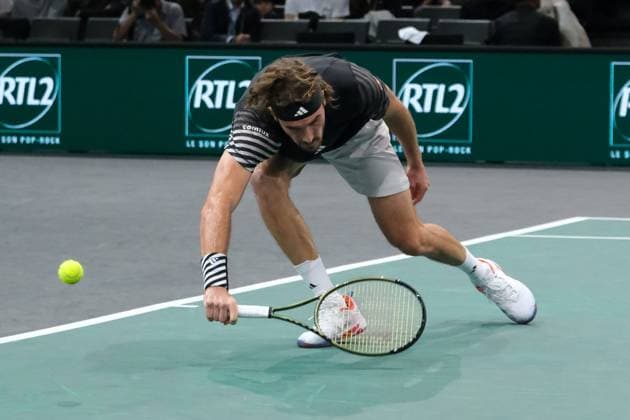November 3, 2023, Paris, France: Greek player STEFANOS TSITSIPAS returns the ball to Russian player KAREN KHACHANOV during the quarter final of Rolex Paris Masters 1000 tournament at Paris Accor Arena Stadium - France..Tsitsipas won: 6:3 6:4 Paris France - ZUMAp119 20231103_zaf_p119_028 Copyright: xPierrexSteveninx