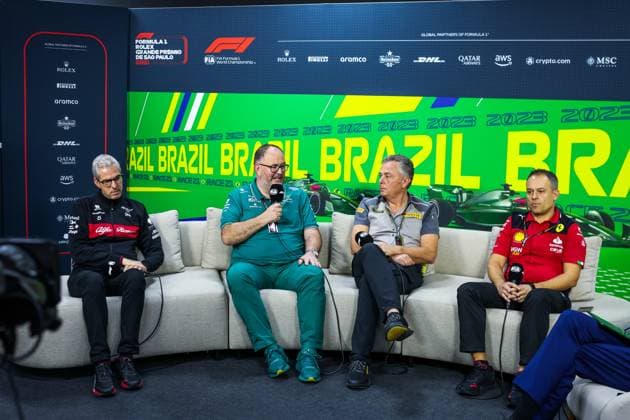 ALUNNI BRAVI Alessandro (ita), Managing Director of Sauber Group & Team Representative, MCCULLOUGH Tom, Performance Engineering Director of Aston Martin F1 Team, ISOLA Mario (ita), Motorsport Racing Manager of Pirelli, IOVERNO Diego, Scuderia Ferrari, portrait, during the 2023 Formula 1 Rolex Grande Premio de Sao Paulo, 20th round of the 2023 Formula One World Championship, WM, Weltmeisterschaft from November 3 to 5, 2023 on the Autodromo JosÃ Carlos Pace, in Sao Paulo, Brazil - F1 - SAO PAULO GRAND PRIX 2023 DPPI Panoramic  00123044_GOOD8648