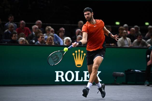 Tennis, ATP-Turnier in Paris Rolex Paris Masters Karen Khachanov (RUS) during his 1 4 final round match at the 2023 Rolex Paris Masters at the Accor Arena in Paris, France, on November 3, 2023. Photo by Corinne Dubreuil ABACAPRESS.COM Paris France  Copyright: xDubreuilxCorinne ABACAx