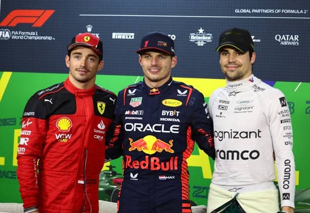 Formula 1 Rolex Sao Paulo Grand Prix 2023 03.11.2023, Autodromo Jose Carlos Pace, Interlagos, Formula 1 Rolex Sao Paulo Grand Prix 2023 , im Bild Poleposition für das Rennen am Sonntag für Max Verstappen (NLD), Oracle Red Bull Racing, 2.Startplatz für Charles Leclerc (MCO), Scuderia Ferrari, 3.Startplatz für Lance Stroll (CAN), Aston Martin Aramco Cognizant Formula One Team
