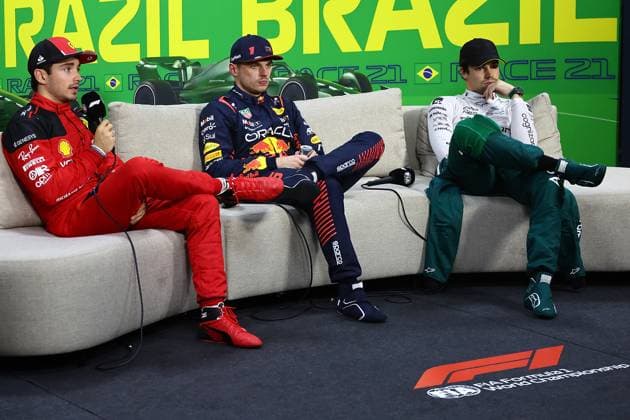 03.11.2023, Autodromo Jose Carlos Pace, Interlagos, Formula 1 Rolex Sao Paulo Grand Prix 2023 , im Bild Poleposition für das Rennen am Sonntag für Max Verstappen (NLD), Oracle Red Bull Racing, 2.Startplatz für Charles Leclerc (MCO), Scuderia Ferrari, 3.Startplatz für Lance Stroll (CAN), Aston Martin Aramco Cognizant Formula One Team Interlagos Autodromo Jose Carlos Pace Brasilien