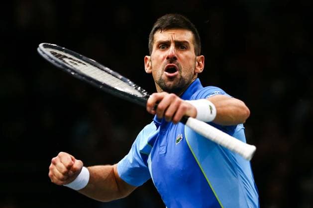 Sport Bilder des Tages Rolex Paris Masters - Day Five Novak Djokovic reacts after winning a game during his men s singles quarter-final match against Holger Rune on day five of the Paris ATP, Tennis Herren Masters 1000 tennis tournament at Accor Arena, Paris-Bercy. Paris France  Copyright: xIbrahimxEzzatx originalFilename:ezzat-notitle231103_npywI.jpg