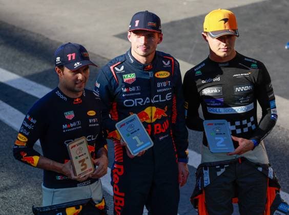 11 Sergio Perez (MEX, Oracle Red Bull Racing), 1 Max Verstappen (NLD, Oracle Red Bull Racing), 4 Lando Norris (GBR, McLaren F1 Team), F1 Grand Prix of Brazil at Autodromo Jose Carlos Pace on November 4, 2023 in Sao Paulo, Brazil. (Photo by HOCH ZWEI) Sao Paulo Brazil