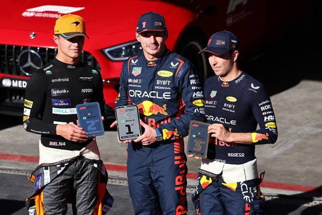 Formula 1 Rolex Sao Paulo Grand Prix 2023 04.11.2023, Autodromo Jose Carlos Pace, Interlagos, Formula 1 Rolex Sao Paulo Grand Prix 2023 , im Bild Sieger des Sprintrennens Max Verstappen (NLD), Oracle Red Bull Racing, 2.Platz für Lando Norris (GBR), McLaren F1 Team, 3.Platz für Sergio Perez (MEX), Oracle Red Bull Racing