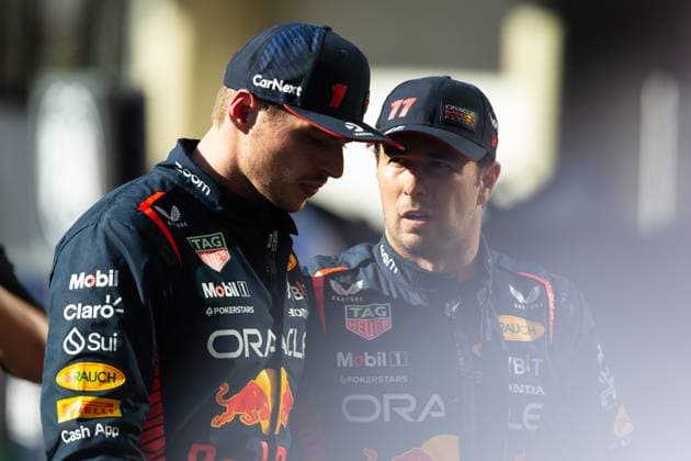 Sprint race of 2023 F1 Sao Paulo Grand Prix MAX VERSTAPPEN and SERGIO PEREZ of RED BULL RACING HONDA RBPT after the race on track during the Sprint as part of the 2023 F1 Sao Paulo Grand Prix at Autodromo Jose Carlos Pace on November 04, 2023 in Sao Paulo, Brazil. Sao Paulo Brazil Copyright: xxRuanoxCarneirox