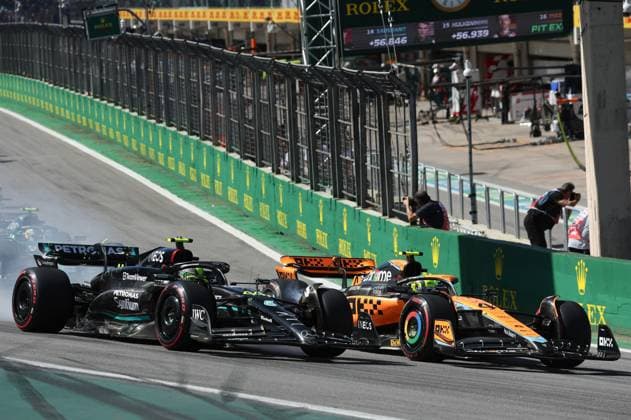 Re-start, 44 Lewis Hamilton (GBR, Mercedes-AMG Petronas F1 Team), 4 Lando Norris (GBR, McLaren F1 Team), F1 Grand Prix of Brazil at Autodromo Jose Carlos Pace on November 5, 2023 in Sao Paulo, Brazil. (Photo by HOCH ZWEI) Sao Paulo Brazil