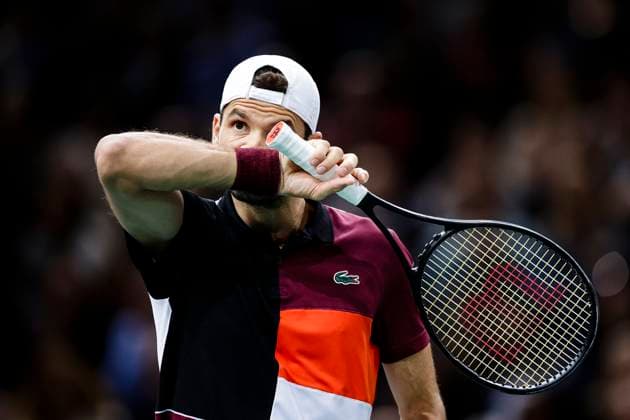 Grigor Dimitrov of Bulgaria walks in the court during his match against Novak Djokovic of Serbia during Rolex Paris Masters Final on Day Seven at Palais Omnisports de Bercy on November 5, 2023 in Paris, France. (Photo by Just Pictures) Paris Palais Omnisports de Bercy France