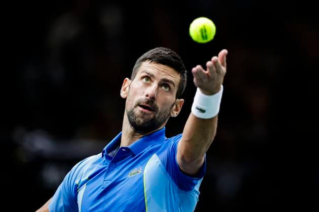 Novak Djokovic of Serbia serves the ball against Grigor Dimitrov of Bulgaria during Rolex Paris Masters Final on Day Seven at Palais Omnisports de Bercy on November 5, 2023 in Paris, France. (Photo by Just Pictures) Paris Palais Omnisports de Bercy France