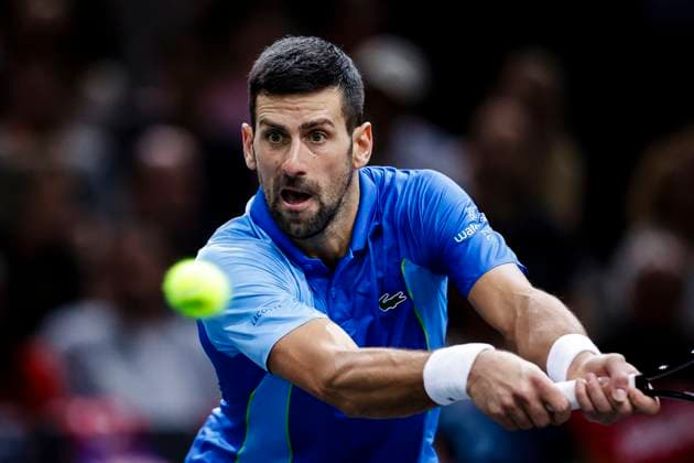 Novak Djokovic of Serbia in action against Grigor Dimitrov of Bulgaria during Rolex Paris Masters Final on Day Seven at Palais Omnisports de Bercy on November 5, 2023 in Paris, France. (Photo by Just Pictures) Paris Palais Omnisports de Bercy France