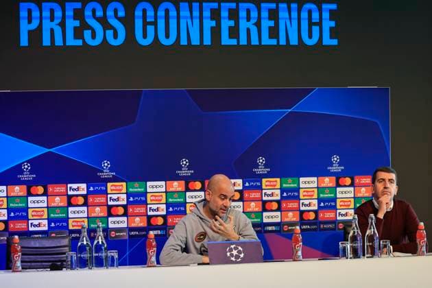 press conference, PK, Pressekonferenz - UEFA Champions League Manchester City vs Young Boys Pep Guardiola answering questions during the Press Conference - UEFA Champions League Manchester City vs Young Boys at the Joie Stadium, Manchester, United Kingdom, 6th November 2023 (Photo by Conor Molloy News Images) Manchester Joie Stadium Manchester United, ManU Kingdom Copyright: xConorxMolloy NewsxImagesx