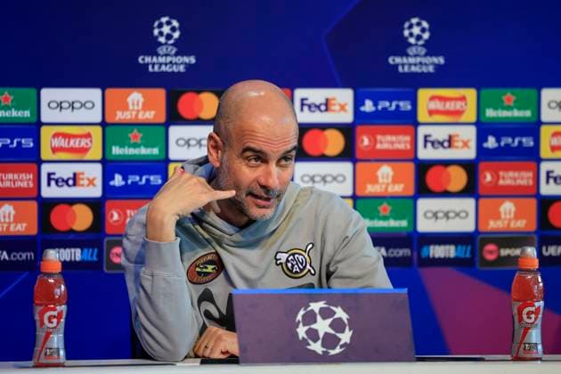 press conference, PK, Pressekonferenz - UEFA Champions League Manchester City vs Young Boys Pep Guardiola answering questions during the Press Conference - UEFA Champions League Manchester City vs Young Boys at the Joie Stadium, Manchester, United Kingdom, 6th November 2023 (Photo by Conor Molloy News Images) Manchester Joie Stadium Manchester United, ManU Kingdom Copyright: xConorxMolloy NewsxImagesx