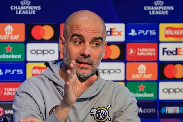 press conference, PK, Pressekonferenz - UEFA Champions League Manchester City vs Young Boys Pep Guardiola answering questions during the Press Conference - UEFA Champions League Manchester City vs Young Boys at the Joie Stadium, Manchester, United Kingdom, 6th November 2023 (Photo by Conor Molloy News Images) Manchester Joie Stadium Manchester United, ManU Kingdom Copyright: xConorxMolloy NewsxImagesx
