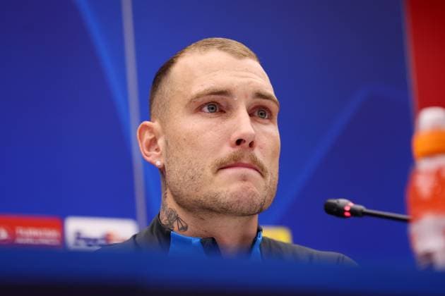 Roter Stern Belgrad - RB Leipzig PK Champions League Beograd, 06.11.2023, Stadion Rajko Mitic, Fussball , UEFA Champions League, Gruppe G , 4. Spieltag, Matchday-1 , Roter Stern Belgrad vs. RB Leipzig , Pressekonferenz vor dem Spiel , Im Bild: David Raum (22, RB Leipzig) , Foto nur zur redaktionellen Nutzung bestimmt! . , UEFA regulations prohibit any use of photographs as image sequences and or quasi-video ,