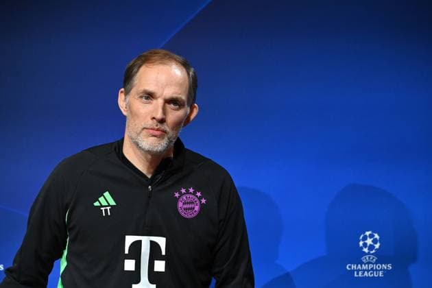 Trainer Thomas TUCHEL (Bayern Muenchen), Einzelbild,angeschnittenes Einzelmotiv,Halbfigur,halbe Figur. Fussball Champions League Gruppenphase 4.Spieltag FC Bayern Muenchen-Galatasaray Istanbul PRESSEKONFERENZ am 07.11.2023, Â