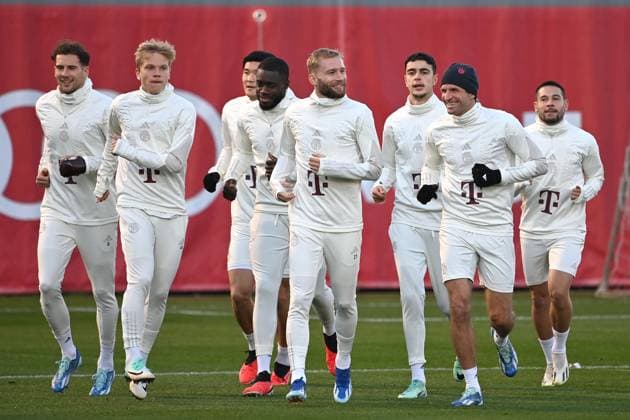 v.li:Leon GORETZKA (Bayern Muenchen), Frans KRAETZIG (Bayern Muenchen), Minjae KIM (FC Bayern Muenchen), Dayot UPAMECANO (Bayern Muenchen), Konrad LAIMER (Bayern Muenchen),Aleksandar PAVLOVIC (Bayern Muenchen),Thomas MUELLER (MÜLLER,Bayern Muenchen),Raphael GUERREIRO (Bayern Muenchen). Fussball Champions League Gruppenphase 4.Spieltag FC Bayern Muenchen-Galatasaray Istanbul ABSCHLUSSTRAINING am 07.11.2023,