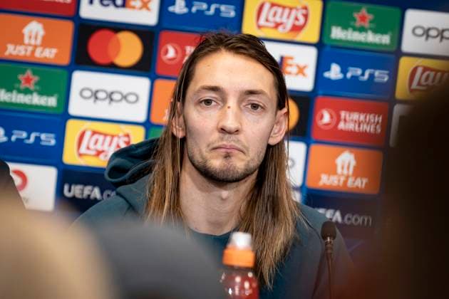 FC Copenhagen player Rasmus Falk during FC Copenhagen s press conference, PK, Pressekonferenz ahead of the team s Champions League match against Manchester United, ManU in Copenhagen on Tuesday 7 November 2023.. (Photo: Emil Nicolai Helms Ritzau Scanpix) , Denmark Kobenhavn Copyright: EmilxNicolaixHelmsx COP15002 spdk20231107-171250-L