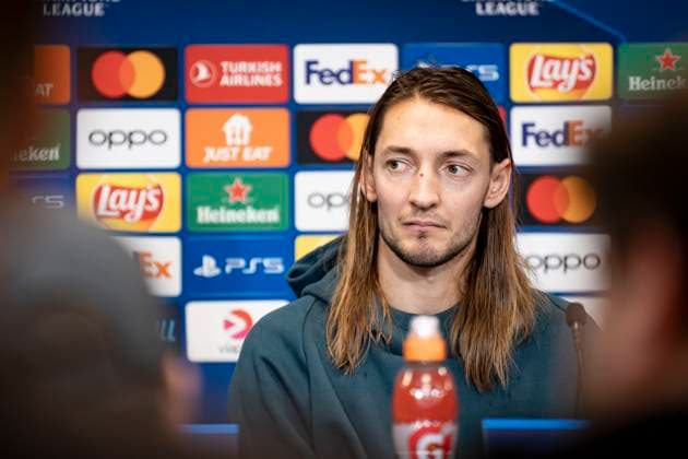 FC Copenhagen player Rasmus Falk during FC Copenhagen s press conference, PK, Pressekonferenz ahead of the team s Champions League match against Manchester United, ManU in Copenhagen on Tuesday 7 November 2023.. (Photo: Emil Nicolai Helms Ritzau Scanpix) , Denmark Kobenhavn Copyright: EmilxNicolaixHelmsx COP15002 spdk20231107-171351-L