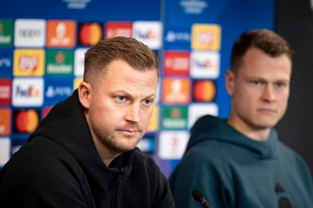 FC Copenhagen coach Jacob Neestrup and Viktor Claesson during FC Copenhagen s press conference, PK, Pressekonferenz ahead of the team s Champions League match against Manchester United, ManU in Copenhagen on Tuesday 7 November 2023.. (Photo: Emil Nicolai Helms Ritzau Scanpix) , Denmark Kobenhavn Copyright: EmilxNicolaixHelmsx COP15002 spdk20231107-171438-L