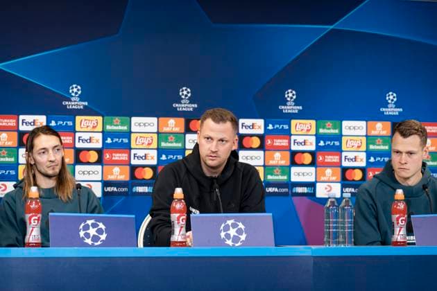 FC Koebenhavns Rasmus Falk, traener Jacob Neestrup and Viktor Claesson during FC Copenhagen s press conference, PK, Pressekonferenz ahead of the team s Champions League match against Manchester United, ManU in Copenhagen on Tuesday 7 November 2023.. (Photo: Emil Nicolai Helms Ritzau Scanpix) , Denmark Kobenhavn Copyright: EmilxNicolaixHelmsx COP15002 spdk20231107-171146-L