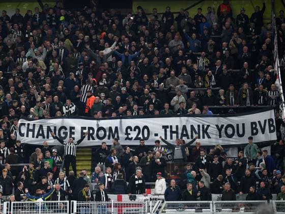 07.11.2023, Dortmund, Germany, Signal-Iduna-Park, Borussia Dortmund vs Newcastle United - UEFA Champions League 2023 2024 - Group F, Fans Newcastle mit Banner (Foto Ralf Treese) Dortmund Signal-Iduna-Park North Rhine-Westphalia Germany